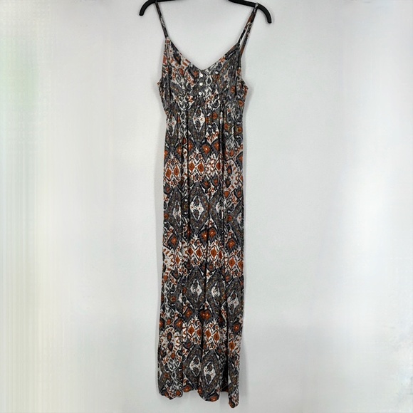 Angie Womens Medium Sleeveless Maxi Dress Gray Tan Yellow Geometric Print Rayon - Picture 1 of 11